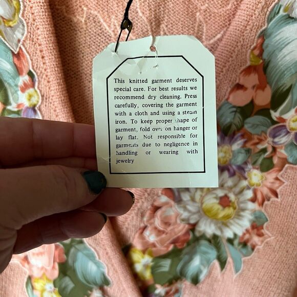 VTG 80s Satin Knit Cardigan Womens Sz L Pastel Floral Applique Jeweled Fairycore - Picture 14 of 16